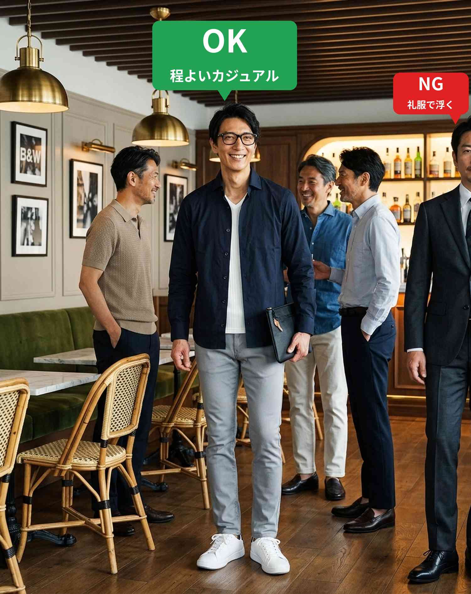 OKコーデ　カジュアルレストランの同窓会で同性の友人に囲まれるシチュエーション（OKマーク付き）