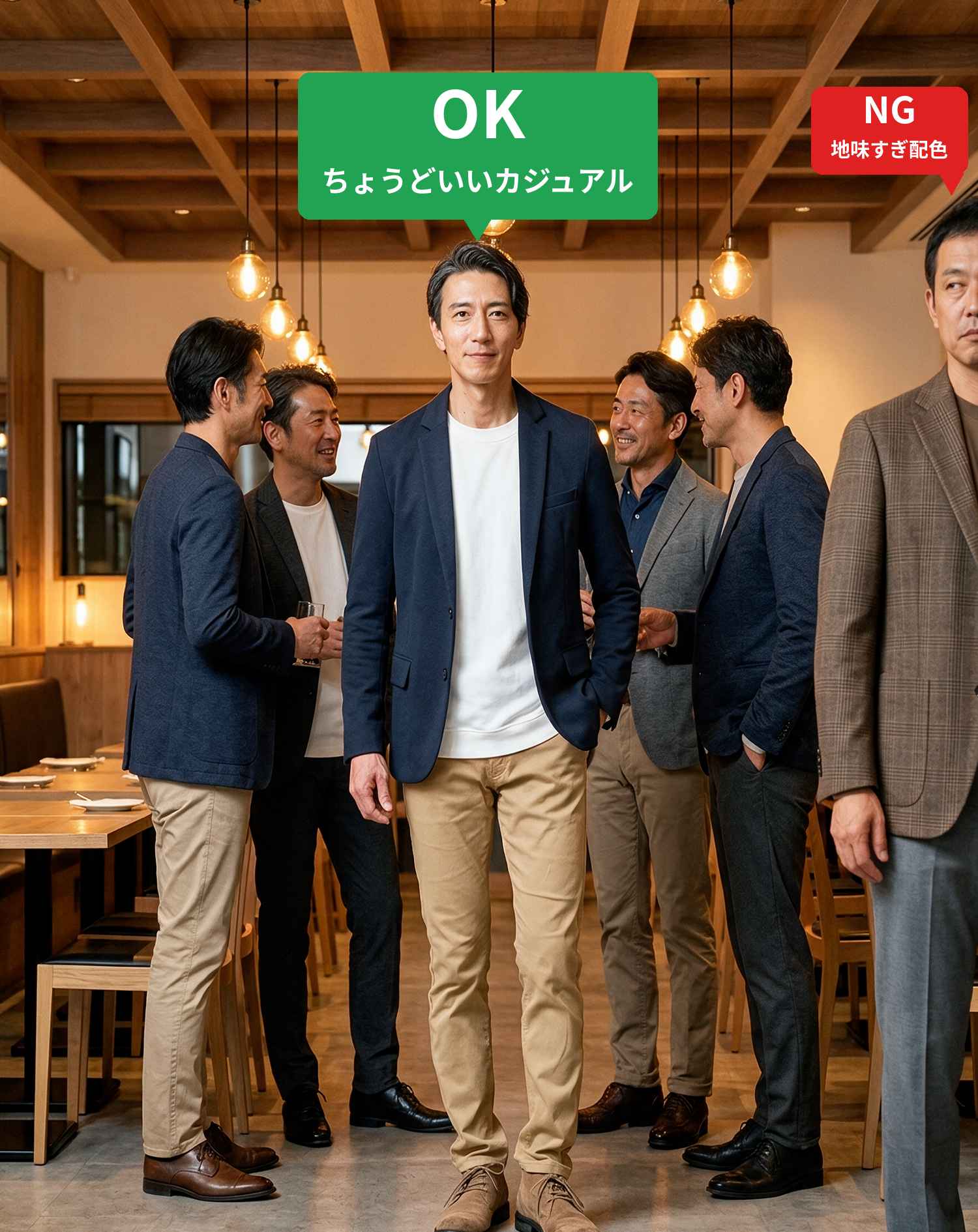 50代男性同窓会・ダイニングバー・カジュアルレストラン向けコーデセット ネイビージャケット×白長袖Tシャツ×ベージュスリムパンツ