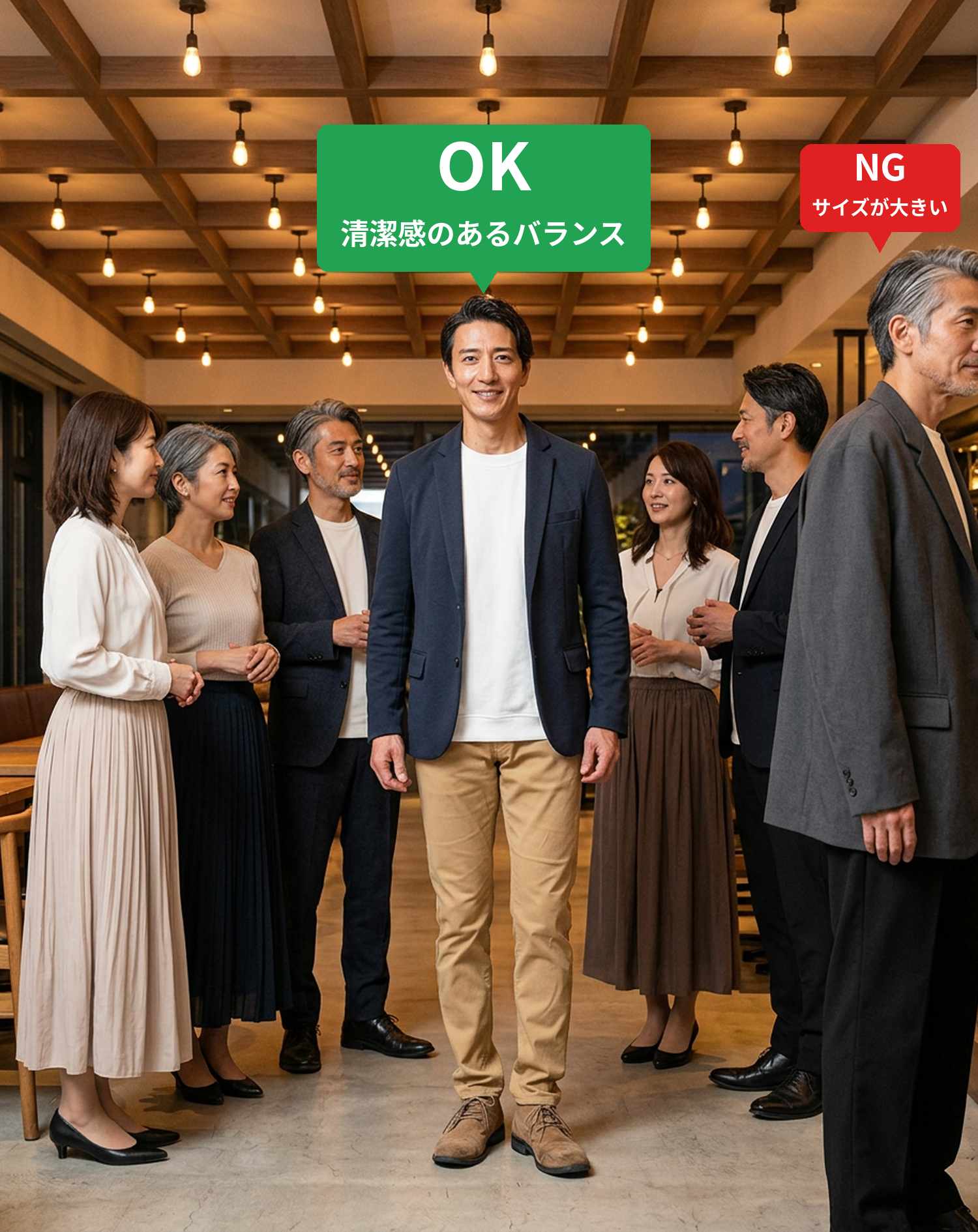 OKコーデ　ダイニングバーの同窓会で異性の同級生に囲まれるシチュエーション（OKマーク付き）