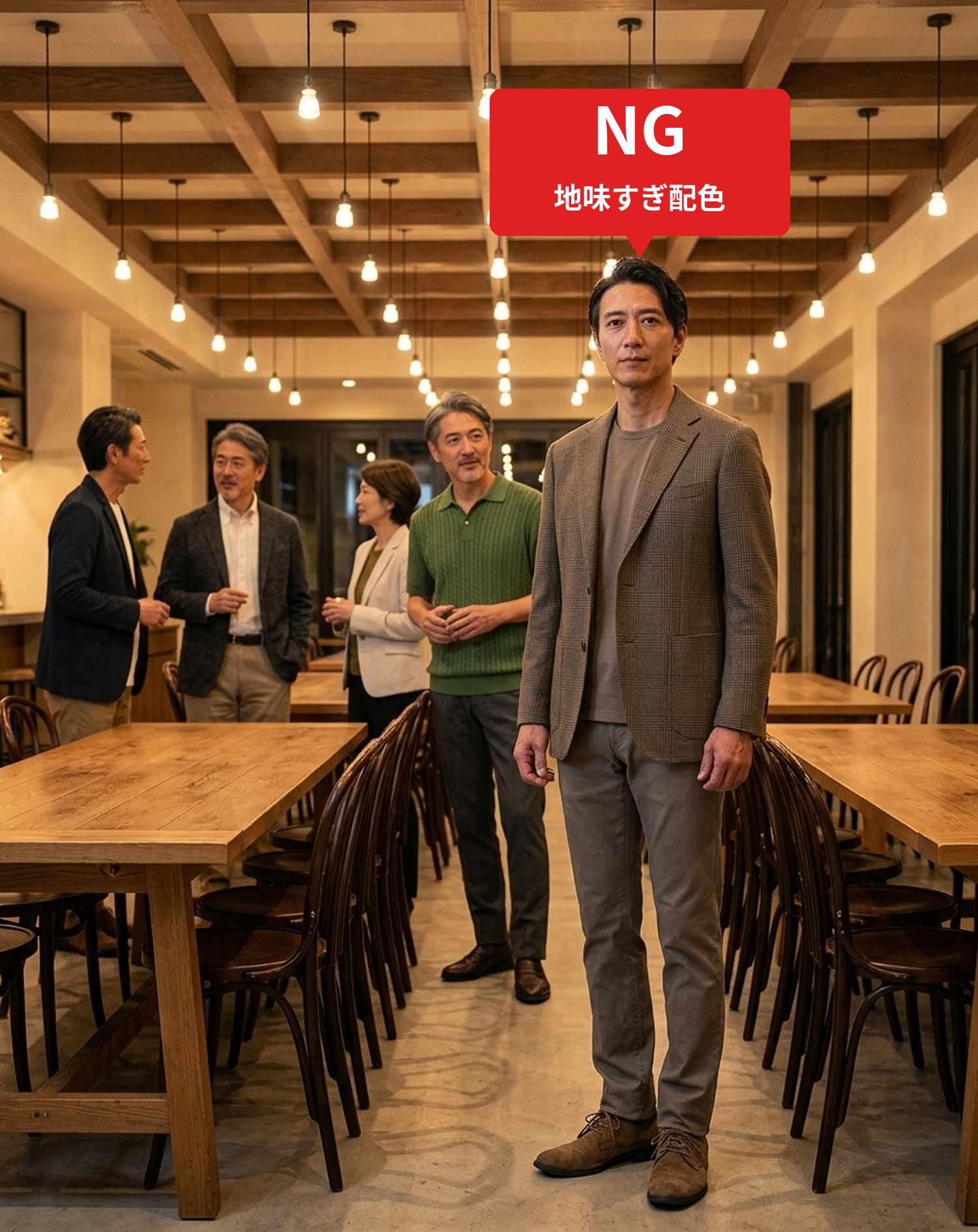 NGコーデ・よくある失敗例１　くすんだ茶色チェック柄ジャケットとグレーパンツの地味すぎる配色（NGマーク付き）