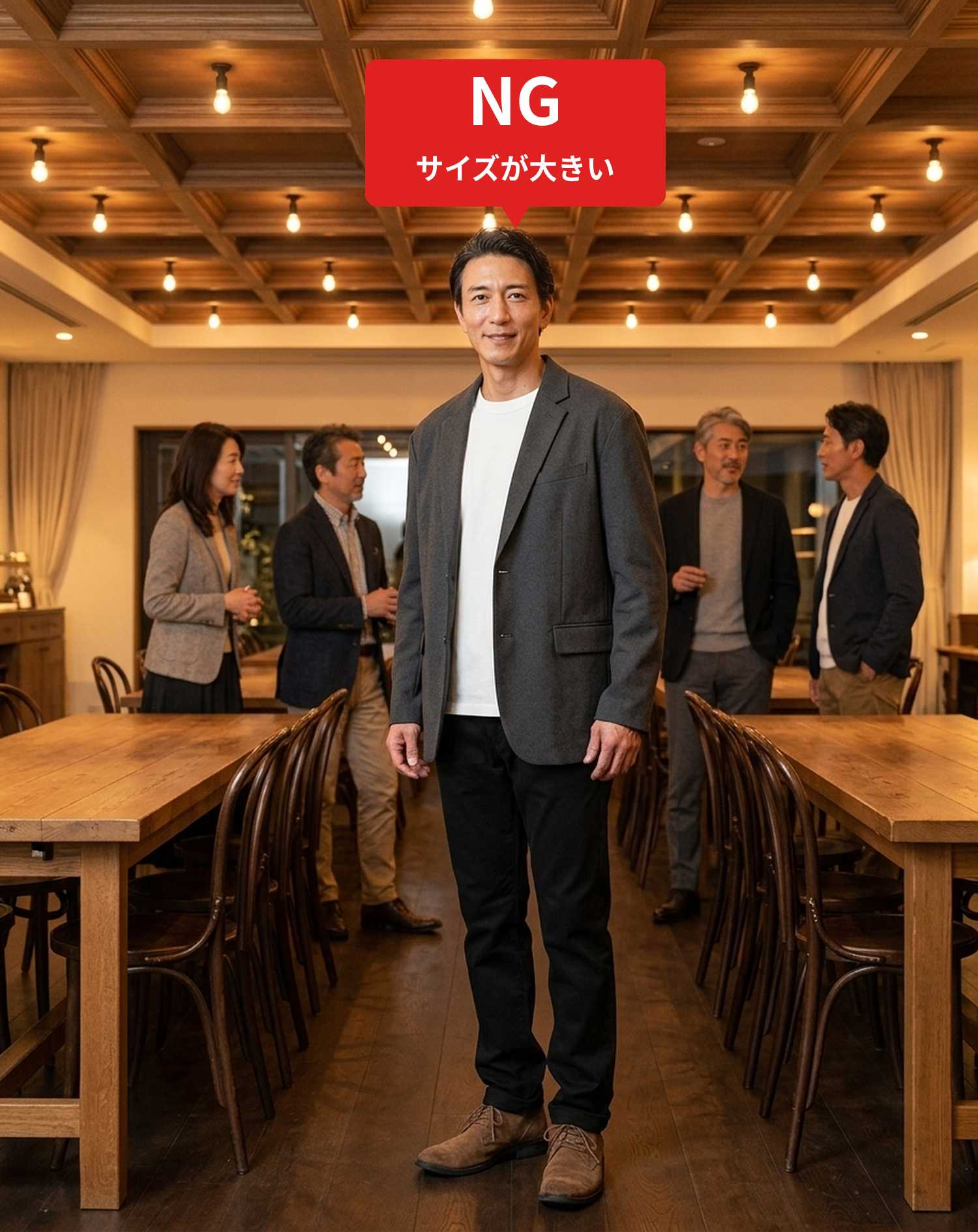 50代男性同窓会・ダイニングバー・カジュアルレストラン向けコーデセット ネイビージャケット×白長袖Tシャツ×ベージュスリムパンツ