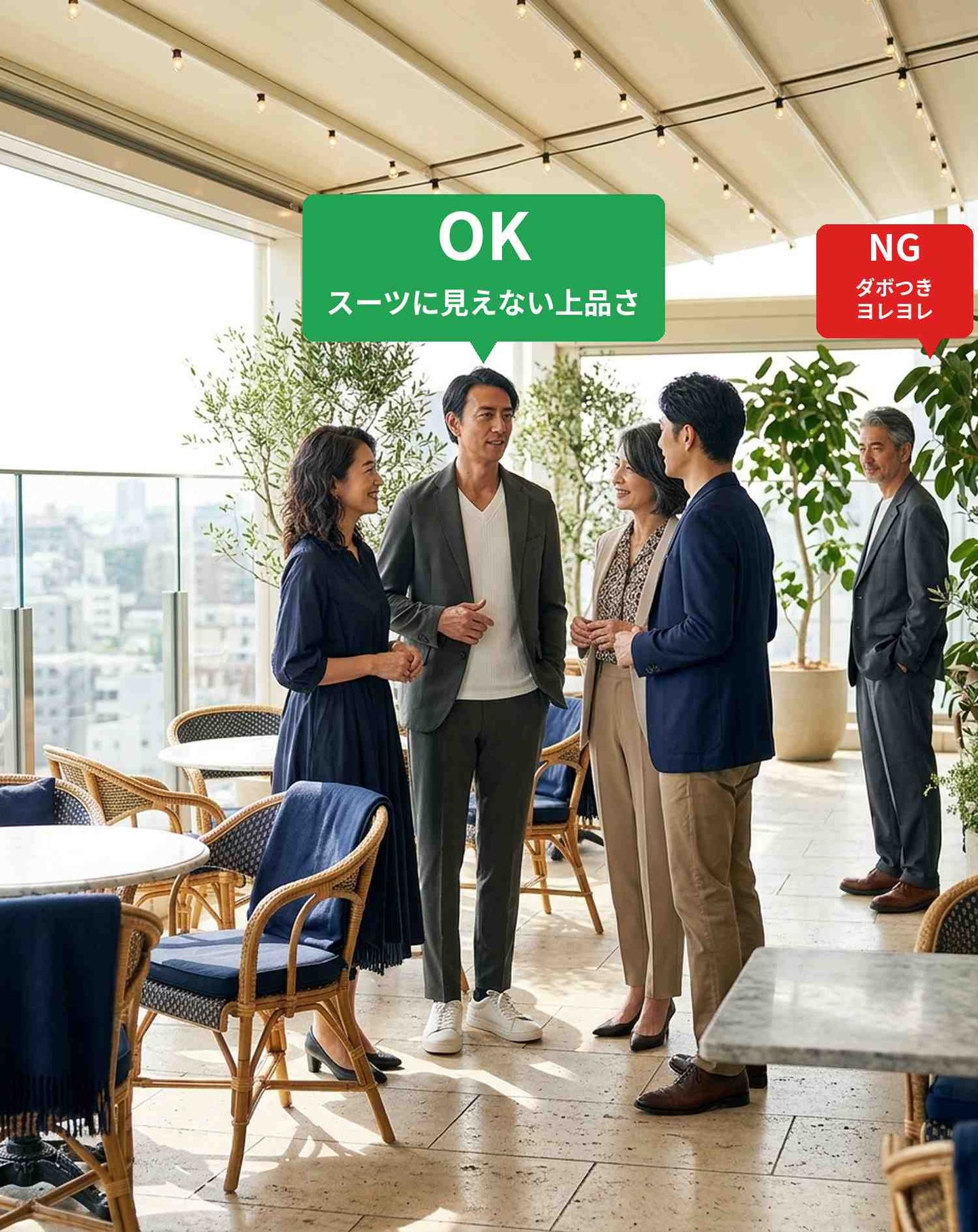 50代男性同窓会・ダイニングバー・カジュアルレストラン向けコーデセット チャコールグレーセットアップ×白長袖Tシャツ