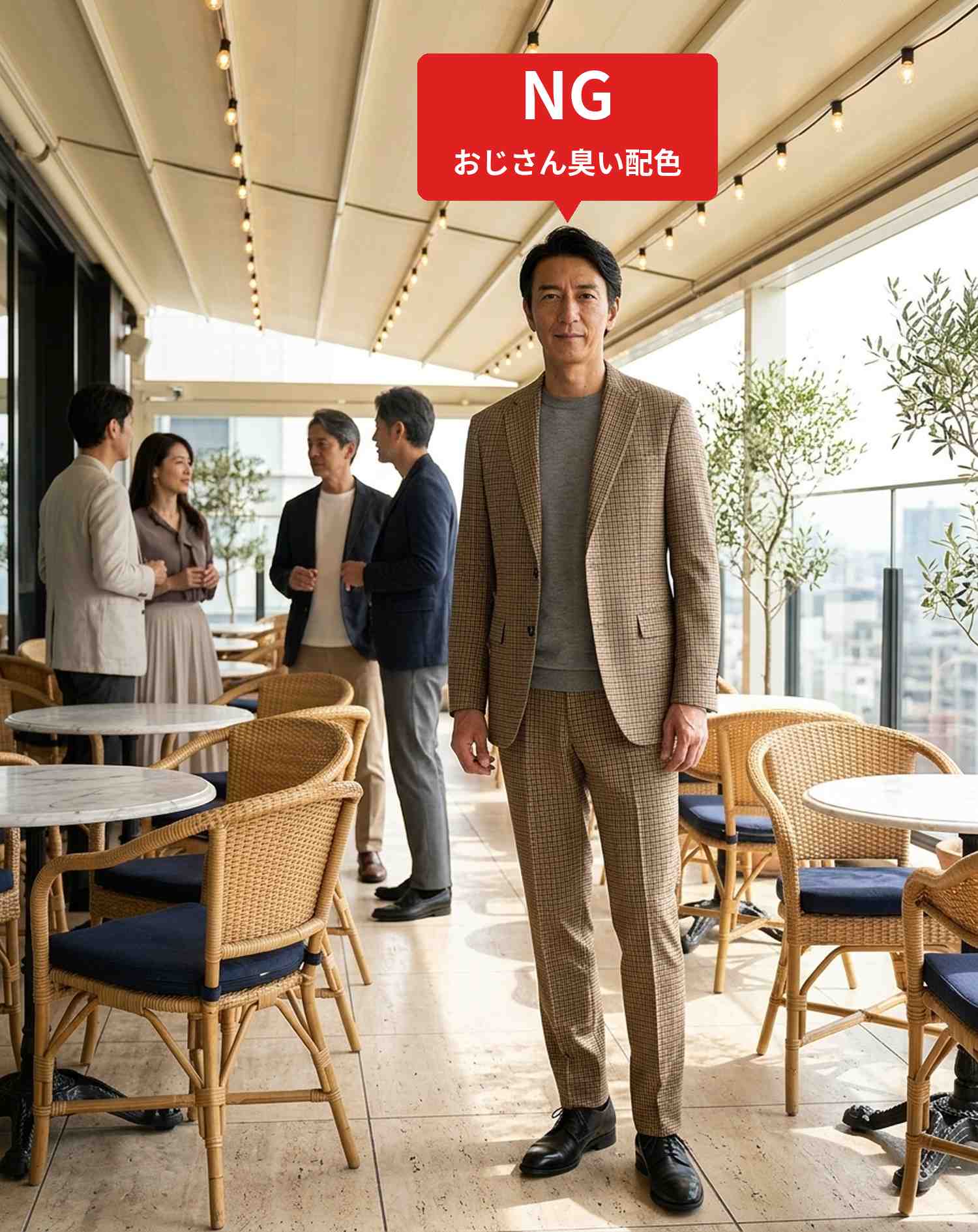 50代男性同窓会・ダイニングバー・カジュアルレストラン向けコーデセット チャコールグレーセットアップ×白長袖Tシャツ