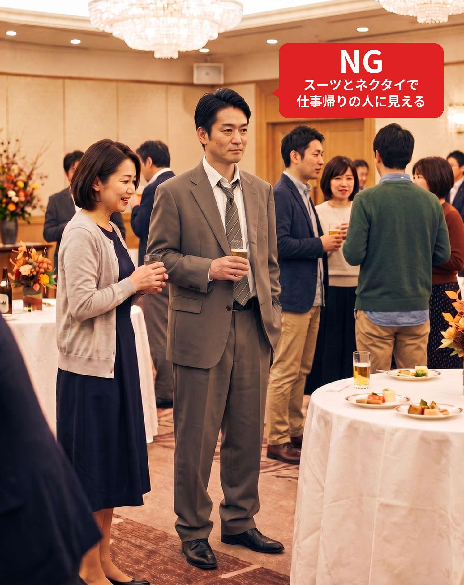 NGコーデ・よくある失敗例　仕事用のスーツにネクタイでホテルの同窓会に行った状態（NGマーク付き）