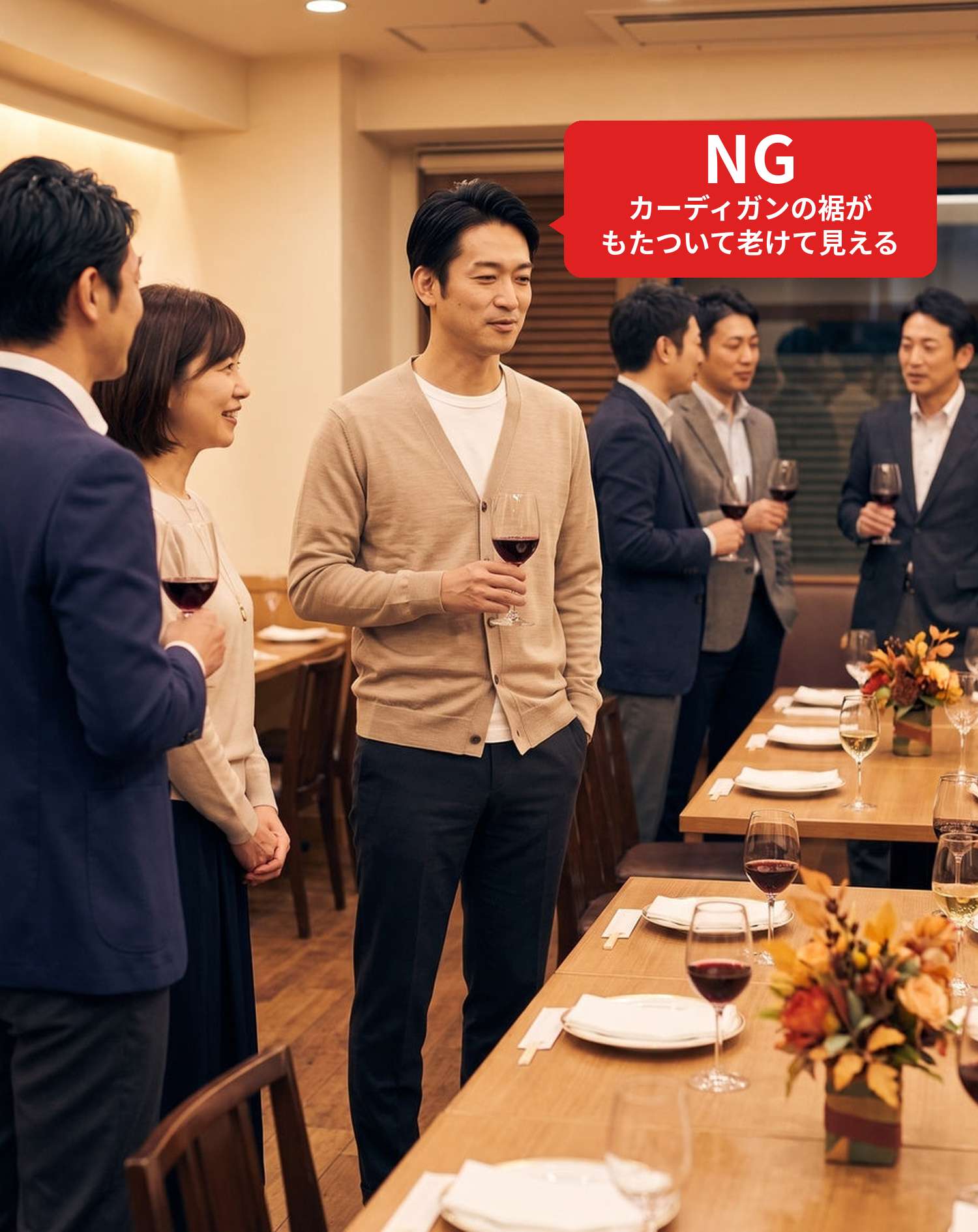 NGコーデ・よくある失敗例　カジュアルなカーディガンでレストランの同窓会に行った状態（NGマーク付き）