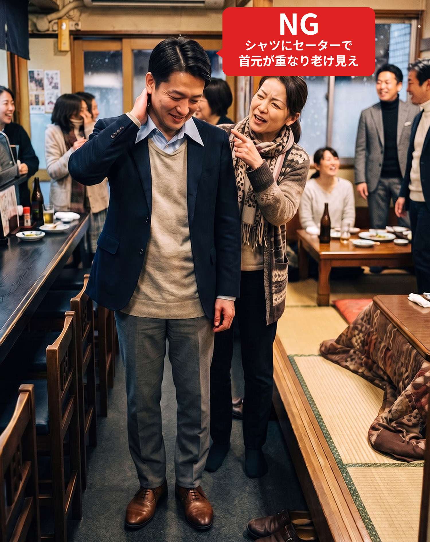 NGコーデ・よくある失敗例　シャツの上に丸首セーターを重ねて居酒屋の同窓会に行き、首元が重なって老けて見える状態（NGマーク付き）