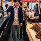 冬の同窓会40代50代の服装3点メンズコーデセット  ネイビースタンドカラージャケット×白ケーブル柄タートルネックニット×黒スキニーカラーチノパンツ