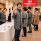 冬の同窓会40代50代の服装3点メンズコーデセット  グレーロングチェスターコート×白タートルネックニット×黒スキニーチノパンツ