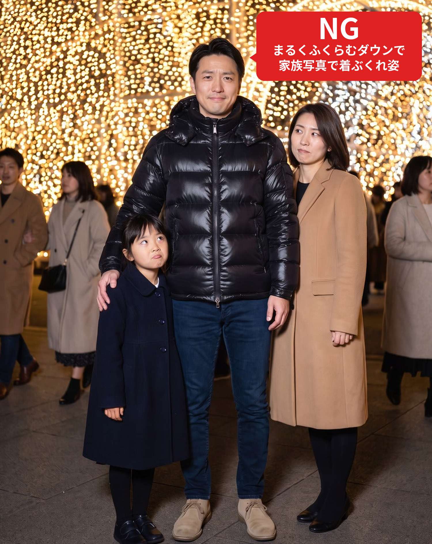 NGコーデ・よくある失敗例　もこもこの黒いダウンジャケットで家族とイルミネーションの前に立った状態（NGマーク付き）