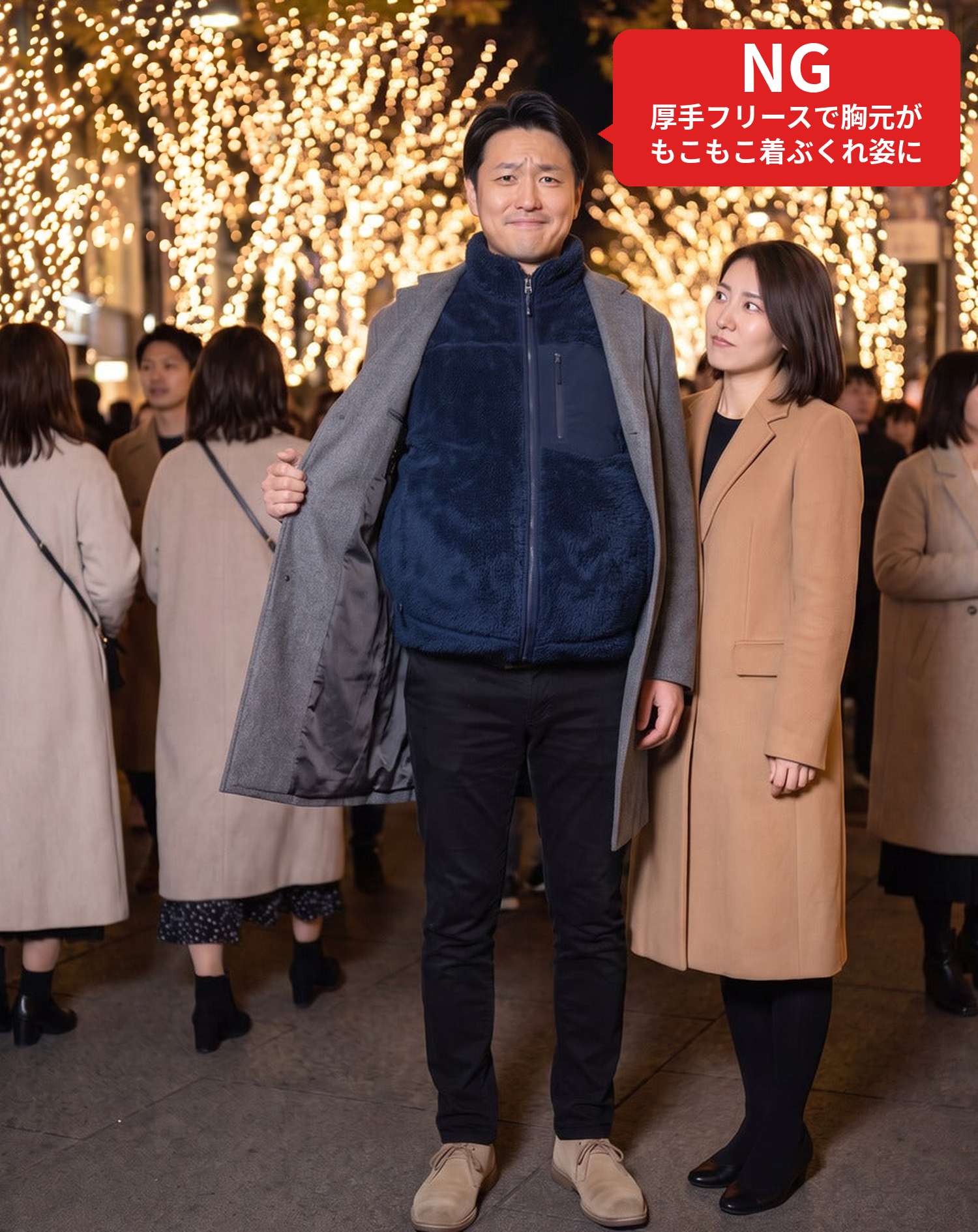 NGコーデ・よくある失敗例　厚手のフリースをコートの中に着てイルミネーションに行った状態（NGマーク付き）