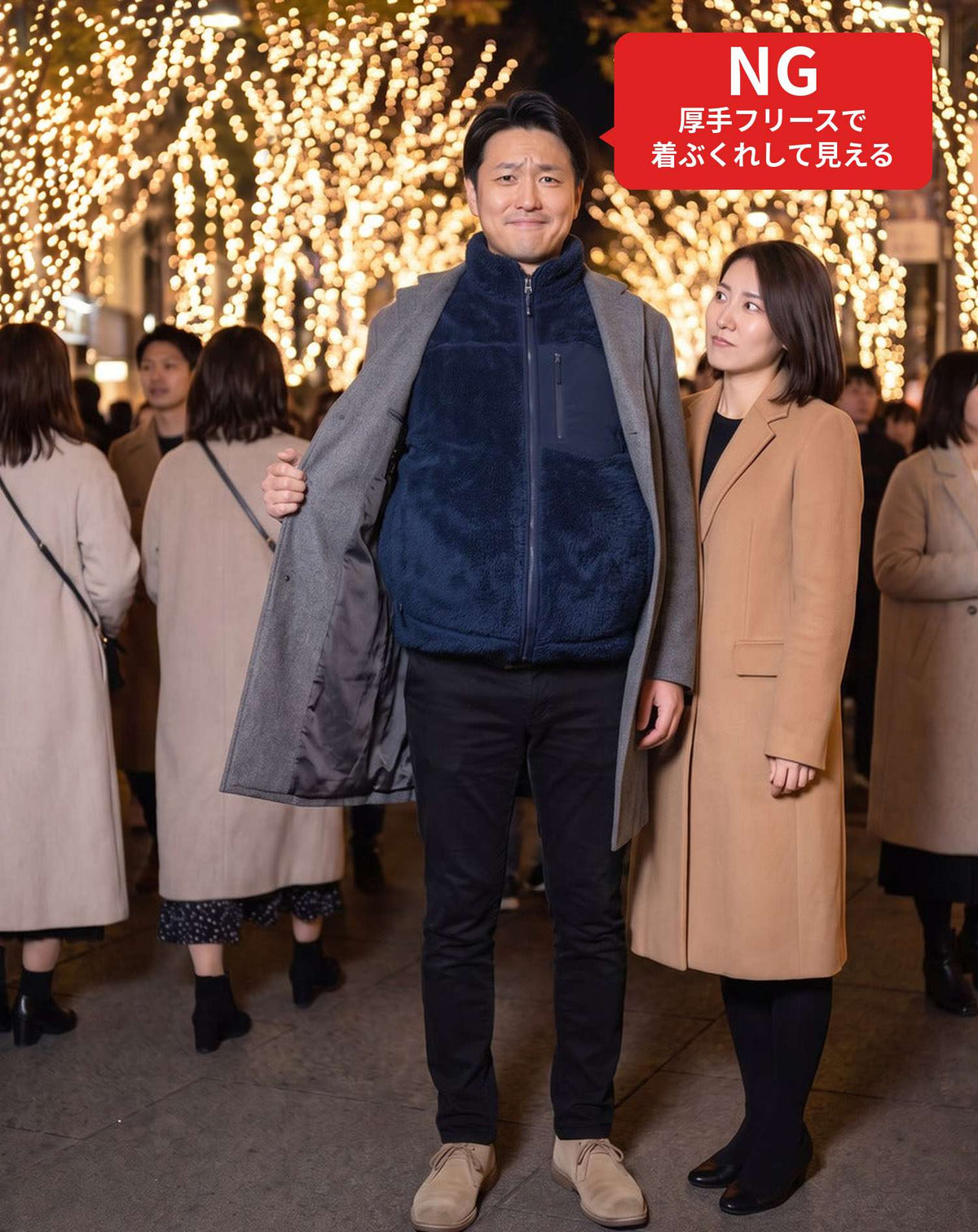 イルミネーションを見に行く時の40代50代の服装3点メンズコーデセット ブラウンロングコート×黒タートルネックニット×グレースキニーカラーチノパンツ