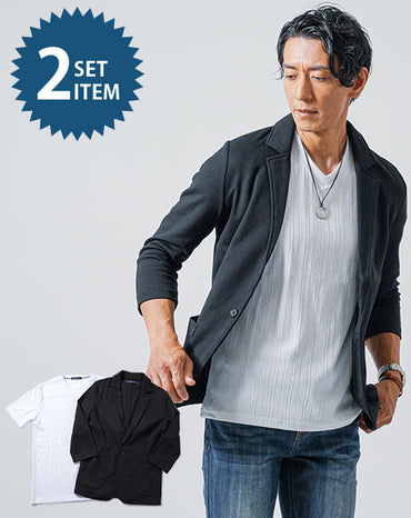 7分袖カットテーラードジャケット×ランダムテレコ半袖VネックTシャツ 2枚セット