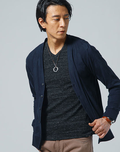 アーガイル長袖Vネックカーディガン×杢デザインVネック半袖Tシャツ 2点セット