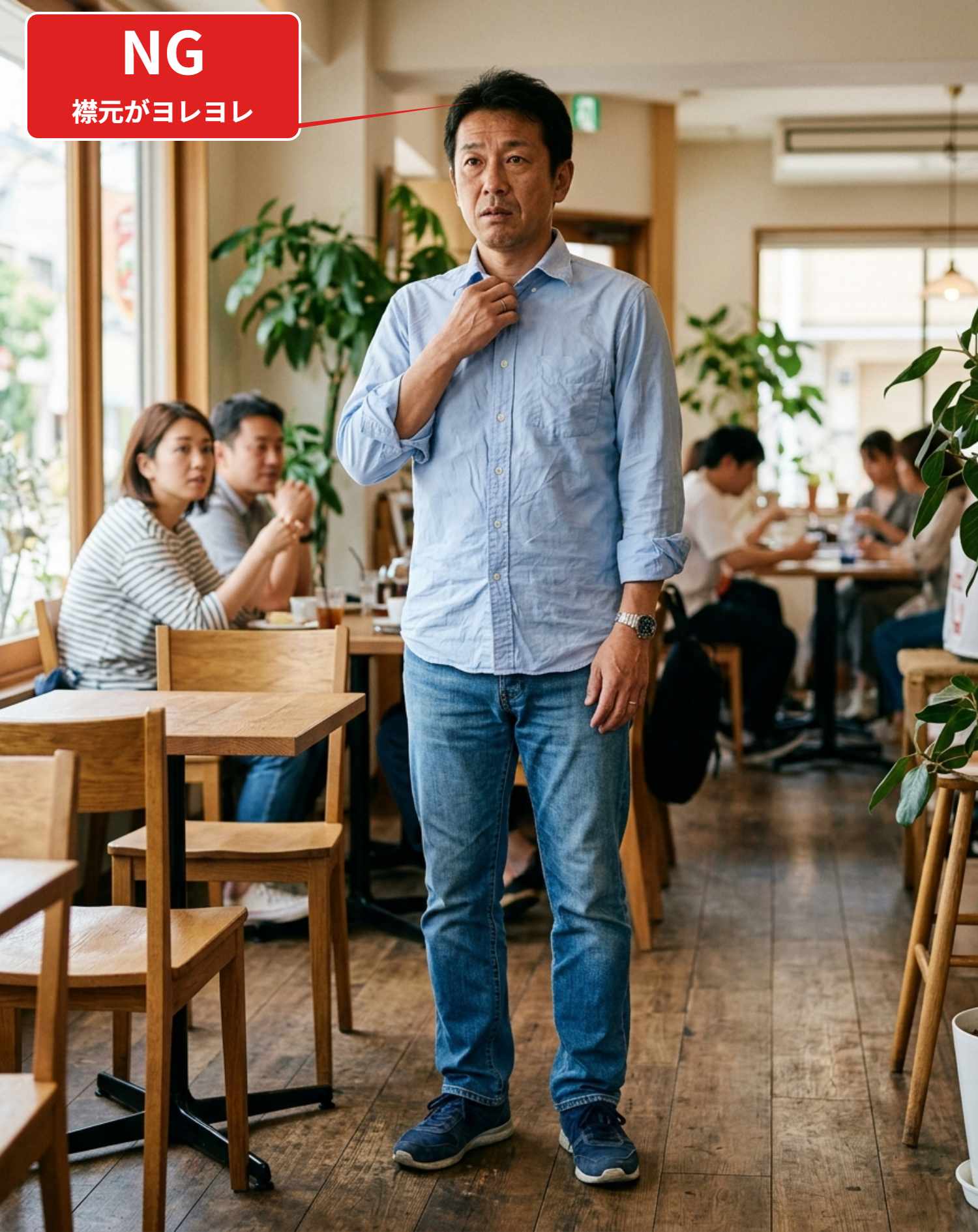 マッチングアプリ初対面カフェデート向け2点コーデセット サックスブルー半袖Tシャツ×黒スリムパンツ