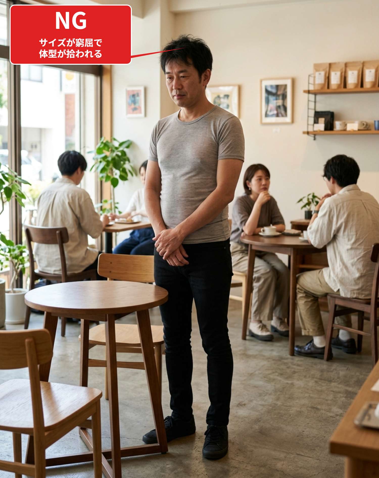 NGコーデ・よくある失敗例２　ピチピチの細身Tシャツとスキニーパンツで体型のラインが拾われてしまった装い（NGマーク付き）