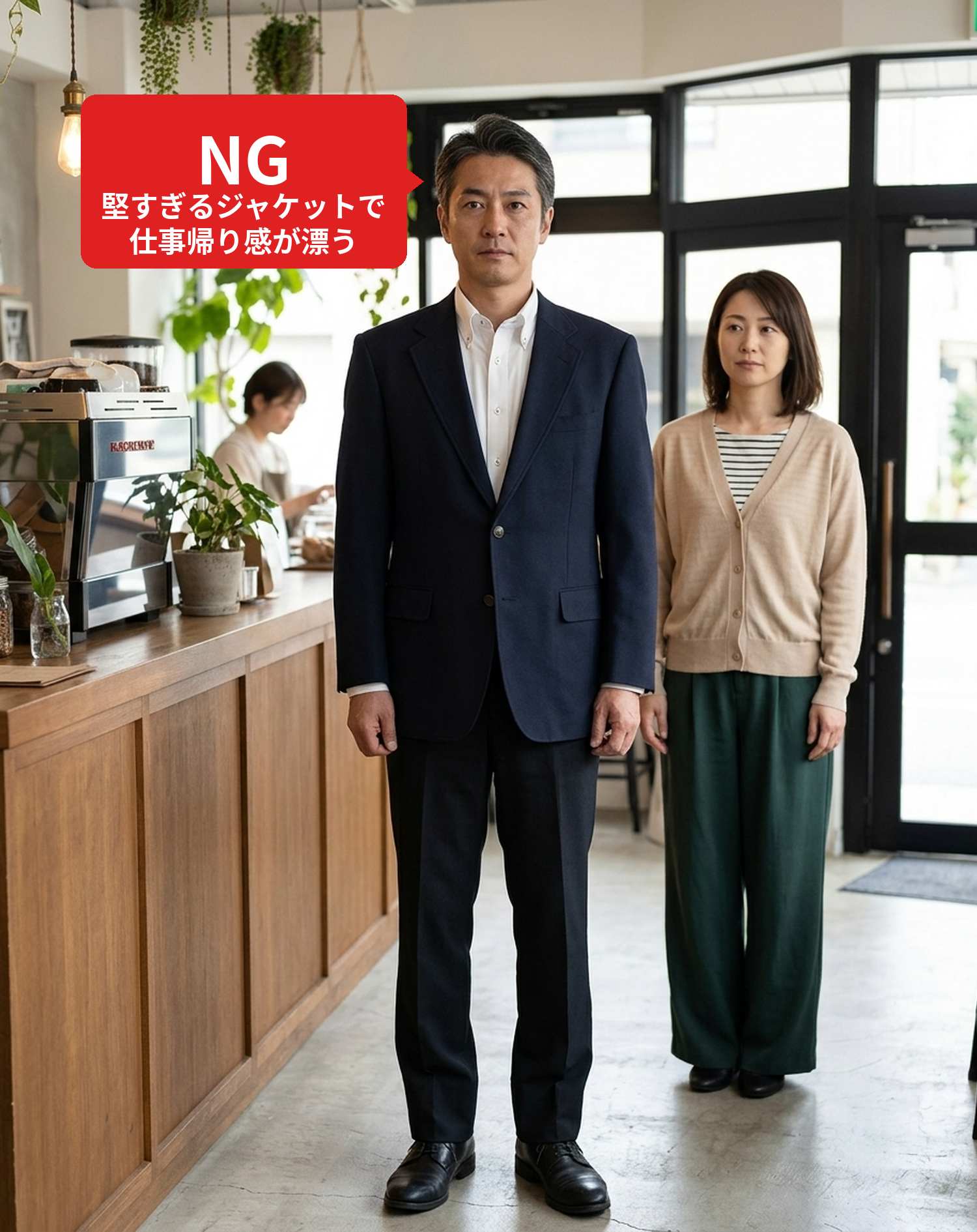 NGコーデ・よくある失敗例１　古い型のネイビージャケットにノーネクタイの白シャツを合わせ仕事帰りのような雰囲気になってしまった装い（NGマーク付き）