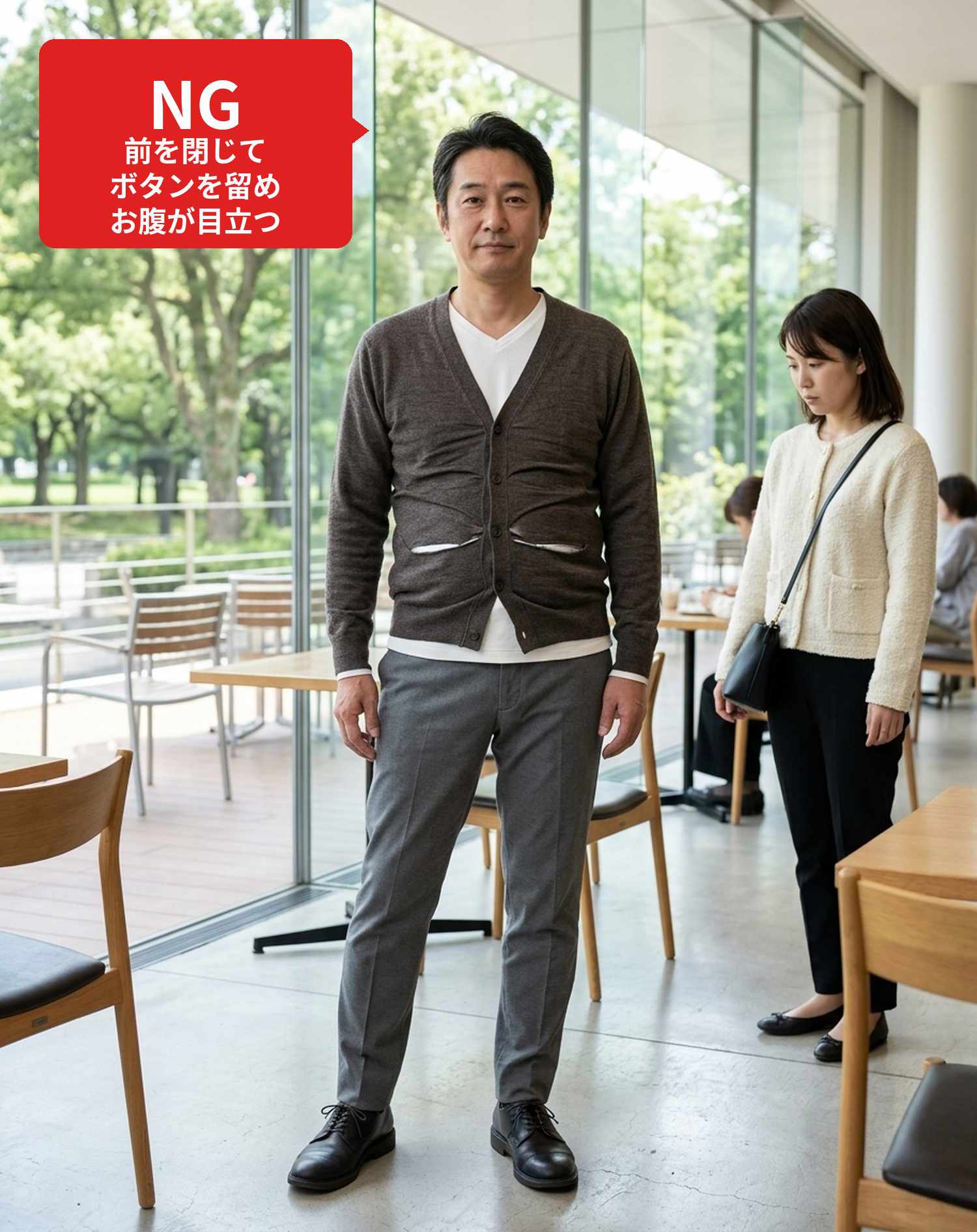 NGコーデ・よくある失敗例２　チャコールブラウンのVネックボタンカーディガンを前を閉じてボタンを留めて着たことでお腹まわりのラインが目立ってしまった装い（NGマーク付き）