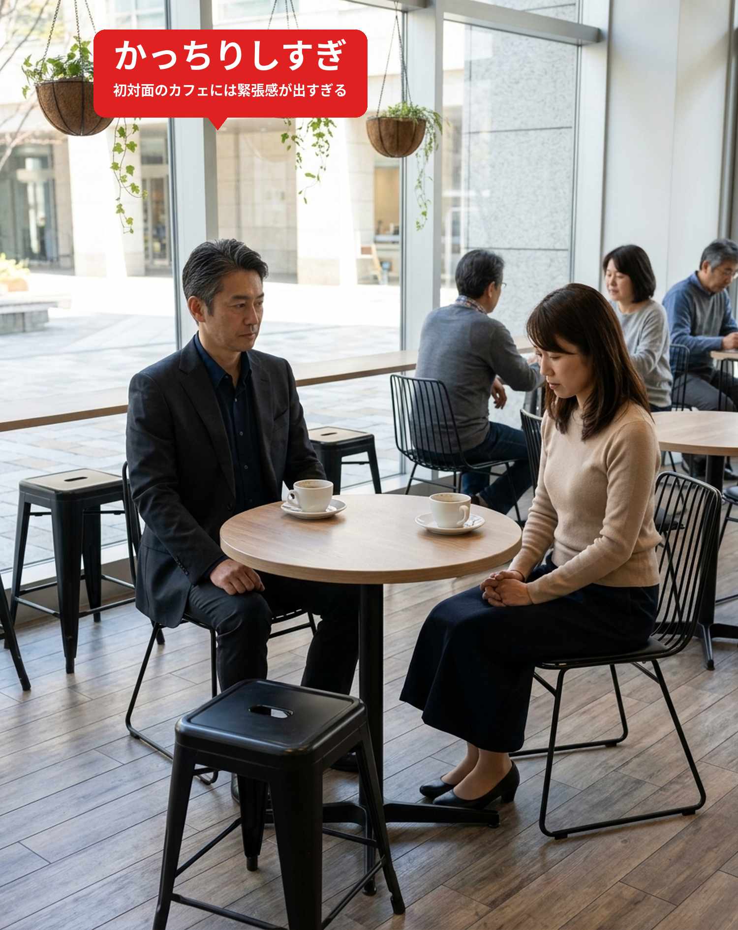 NGコーデ・よくある失敗例１　肩の角ばった硬いテーラードジャケットにノーネクタイの襟なしシャツを合わせ初対面のカフェには緊張感が出すぎてしまった装い（NGマーク付き）