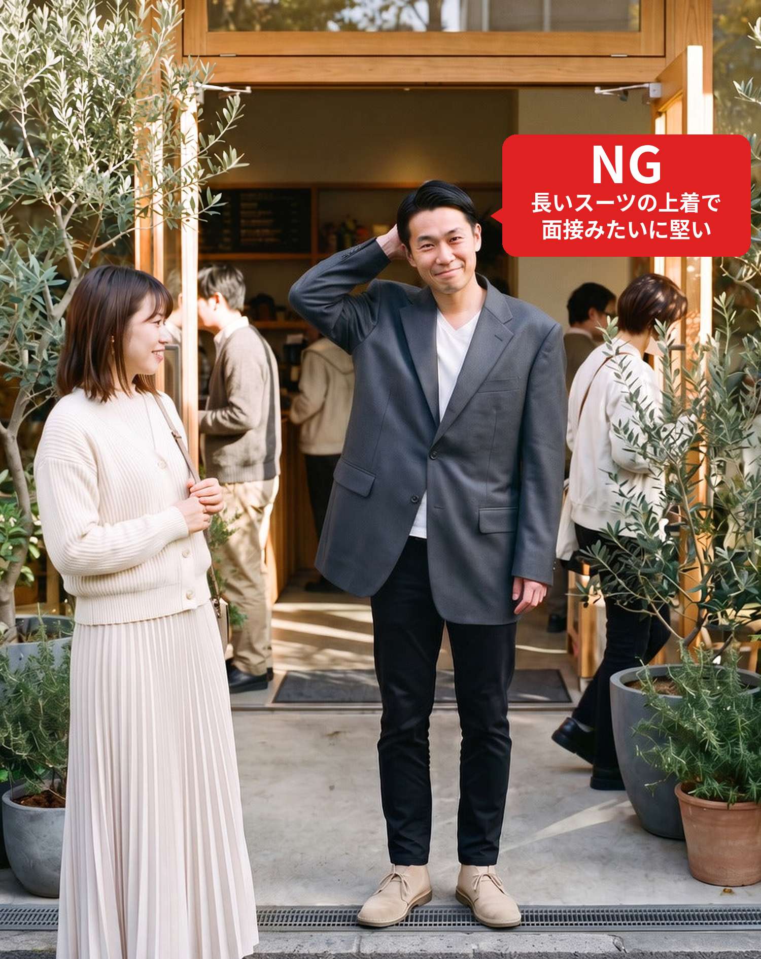 NGコーデ・よくある失敗例　スーツの上着のようなダークグレーのジャケットでカフェの初デートに行った状態（NGマーク付き）