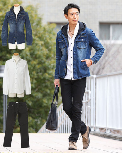 ☆春アウターセット☆インディゴジャケット×白シャツ×ブラックパンツ3点コーデセット 3