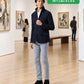 美術館40代50代の服装3点メンズコーデセット ネイビージャケット×白シャツ×グレーパンツ