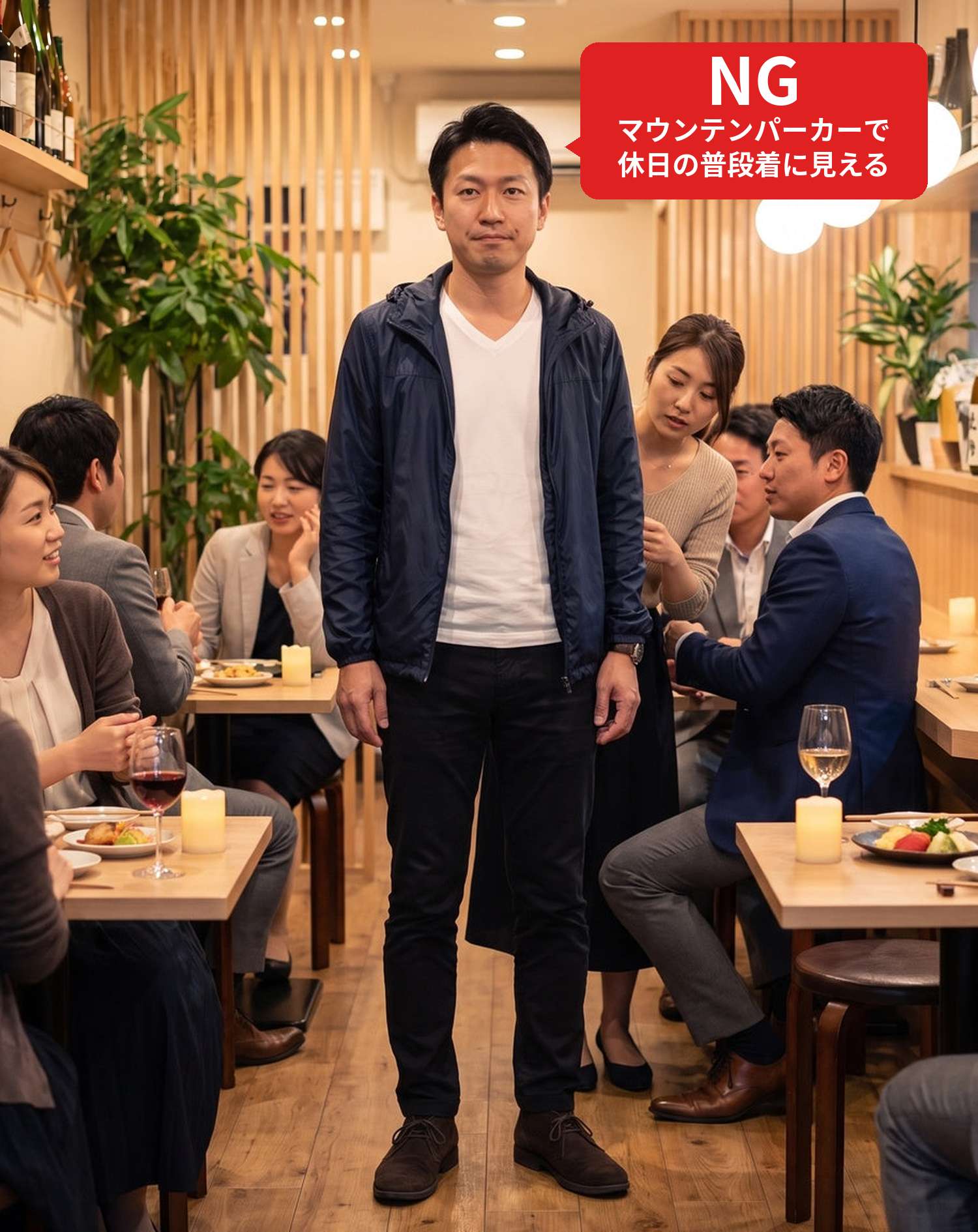 NGコーデ・よくある失敗例　おしゃれな居酒屋にマウンテンパーカーを羽織って行った状態（NGマーク付き）