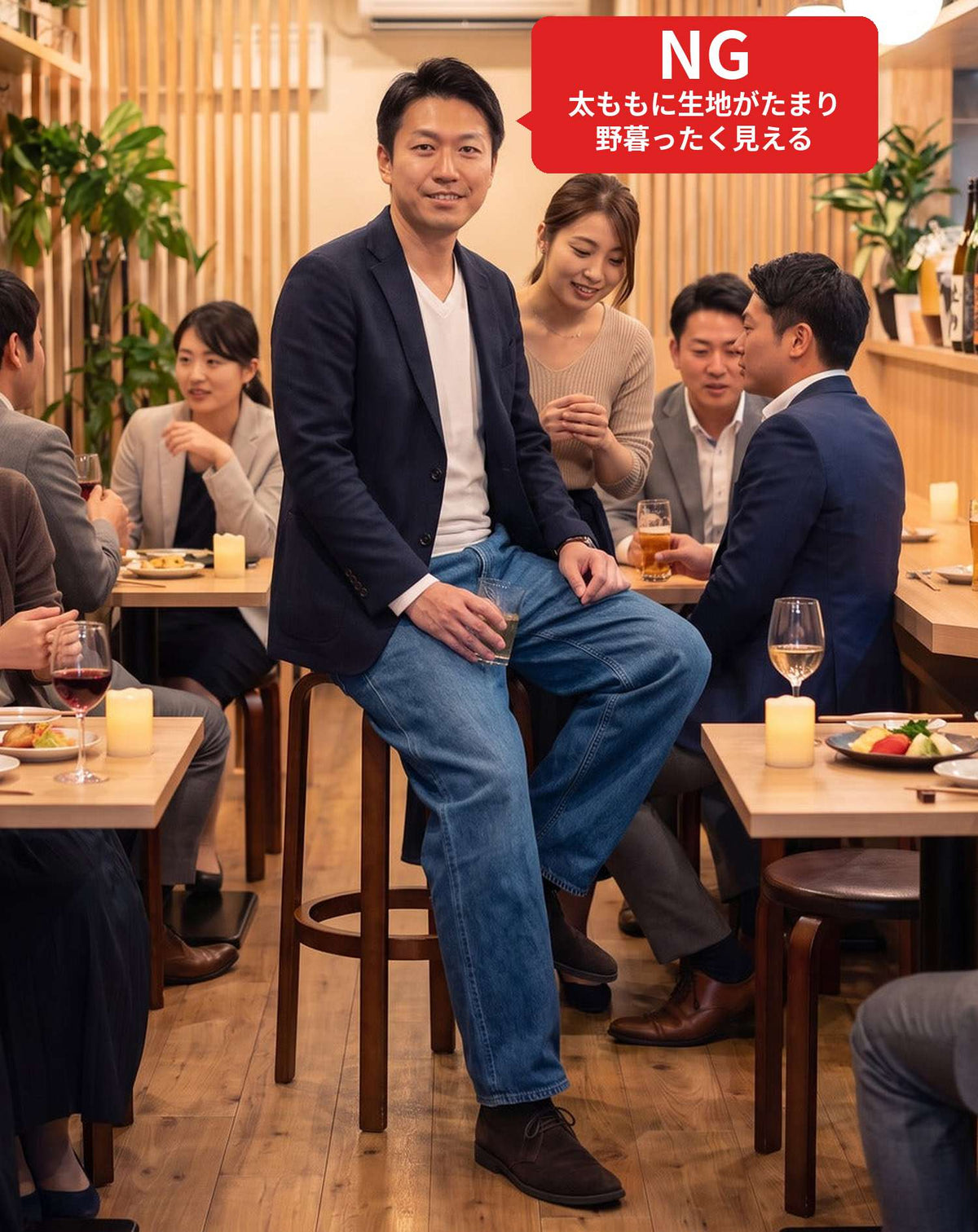 飲み会40代50代の服装3点メンズコーデセット  ネイビーテーラードジャケット×白VネックTシャツ×グレーテーパードパンツ