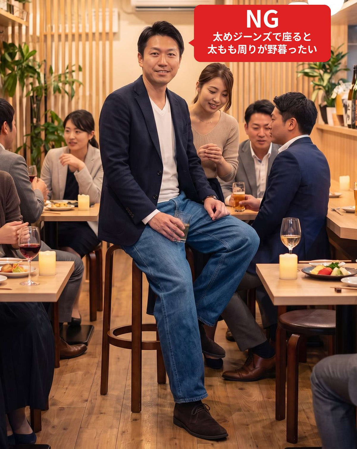 飲み会40代50代の服装3点メンズコーデセット  ネイビーテーラードジャケット×白Tシャツ×黒スリムパンツ