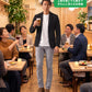 飲み会40代50代の服装3点メンズコーデセット  黒テーラードジャケット×白クルーネックTシャツ×グレースキニーテーパードチノパンツ
