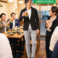 飲み会40代50代の服装3点メンズコーデセット  黒ショールカラージャケット×白VネックTシャツ×グレースキニーカラーチノパンツ