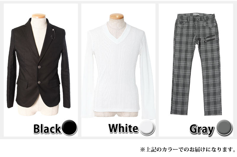 ★アウターセット★　黒ジャケット×白Tシャツ×グレーパンツ3点コーデセット16