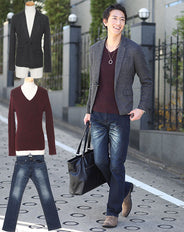 ★アウターセット★杢黒ジャケット×ワインニットソー×紺デニム3点コーデセット 32