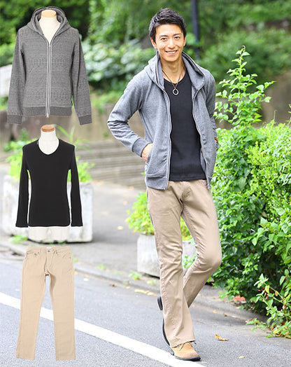 ★アウターセット★　グレーパーカー×黒Tシャツ×ベージュパンツ3点コーデセット33