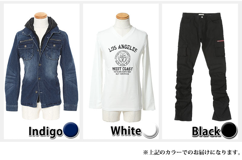 ★アウターセット★インディゴジャケット×白Tシャツ×黒パンツ3点コーデセット 36