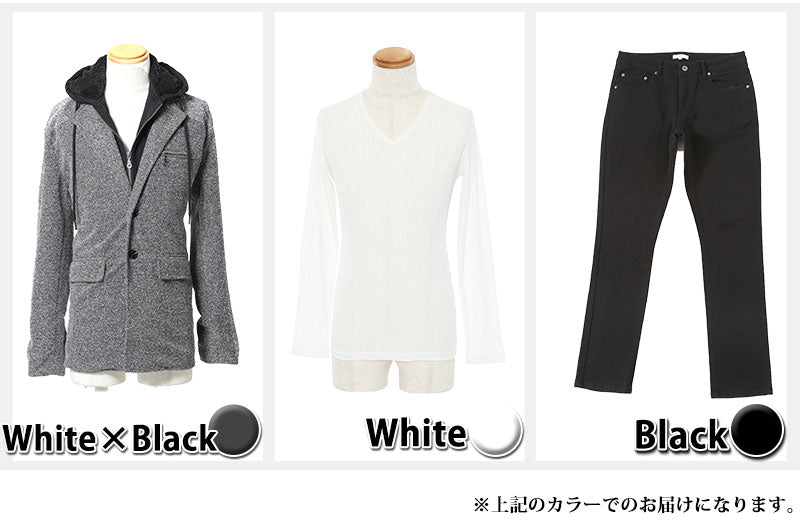 ★アウターセット★白×黒コート×白Tシャツ×黒パンツ3点コーデセット5