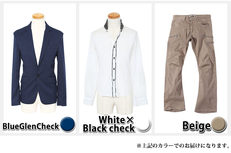 ★アウターセット★　ブルーグレンチェックジャケット×白シャツ×ベージュパンツ3点コーデセット6