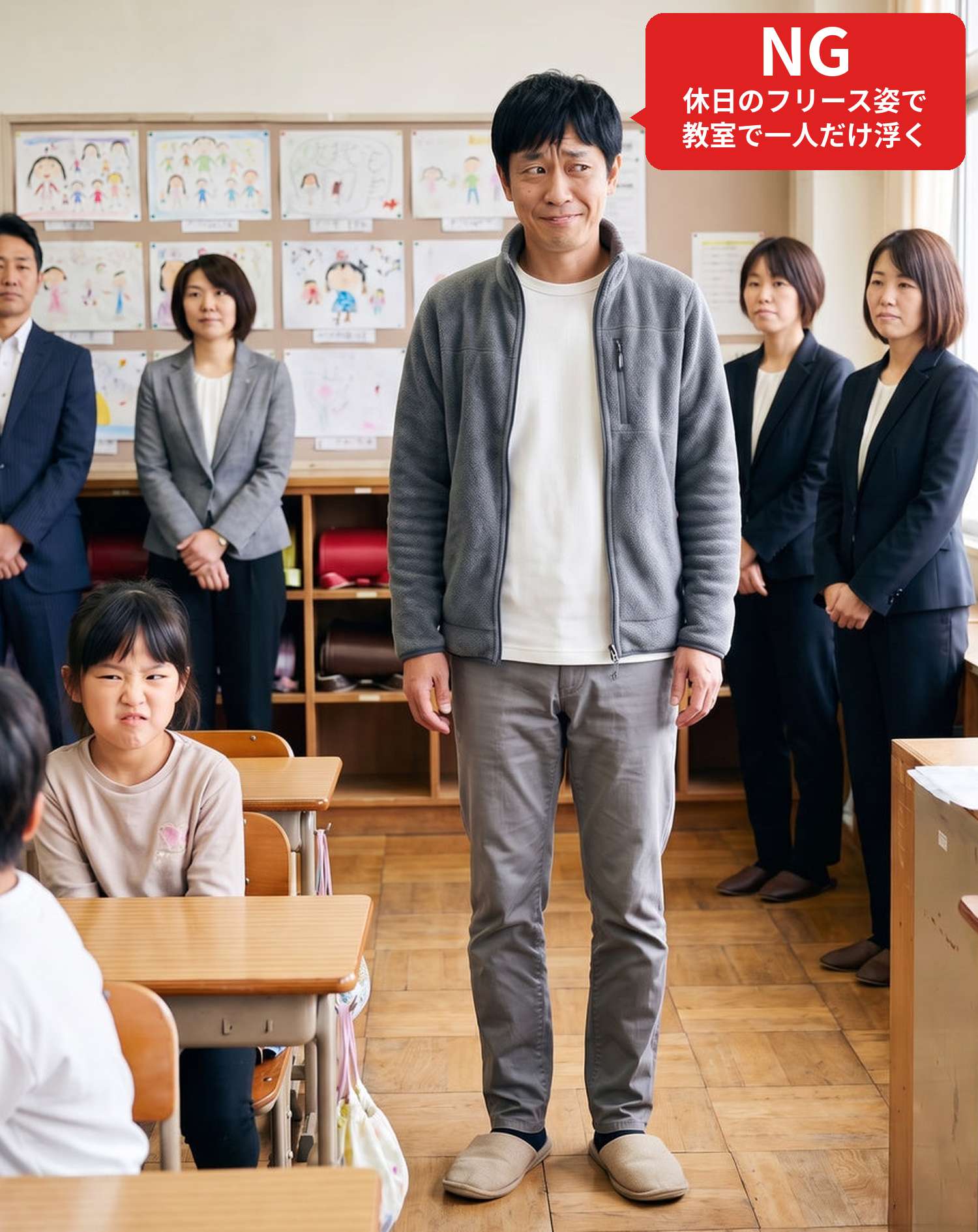 NGコーデ・よくある失敗例　休日のグレーのフリースで、授業参観の教室の後ろに立つ状態（NGマーク付き）