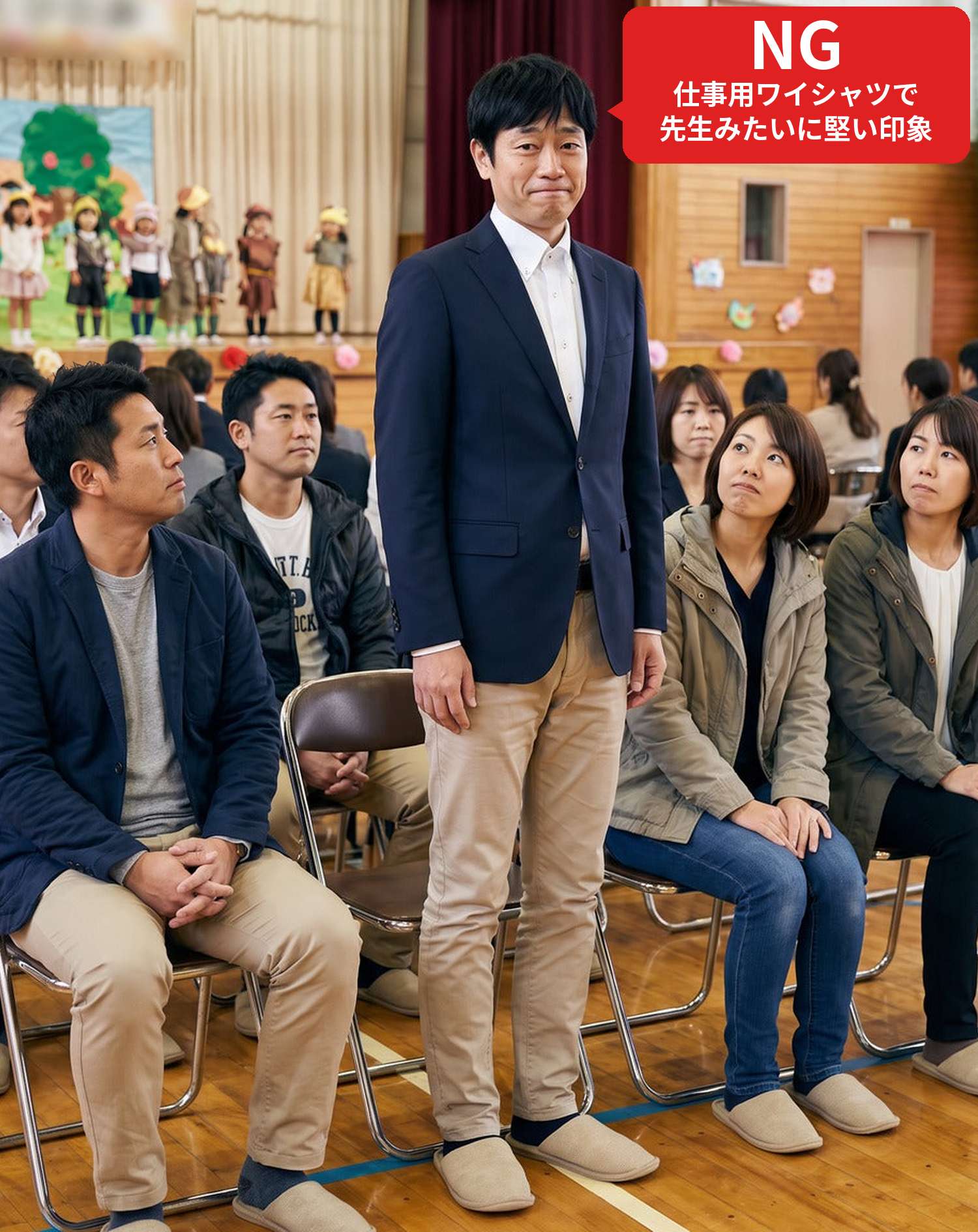 NGコーデ・よくある失敗例　ジャケットの下に仕事用の白いワイシャツを着て子供の発表会に行った状態（NGマーク付き）