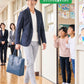 子供の授業参観・発表会の服装の服装40代50代3点メンズコーデセット  ネイビーテーラードジャケット×白VネックTシャツ×グレースキニーチノパンツ
