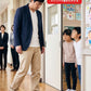 子供の授業参観・発表会の服装の服装40代50代3点メンズコーデセット  ネイビーテーラードジャケット×白VネックTシャツ×グレースキニーチノパンツ