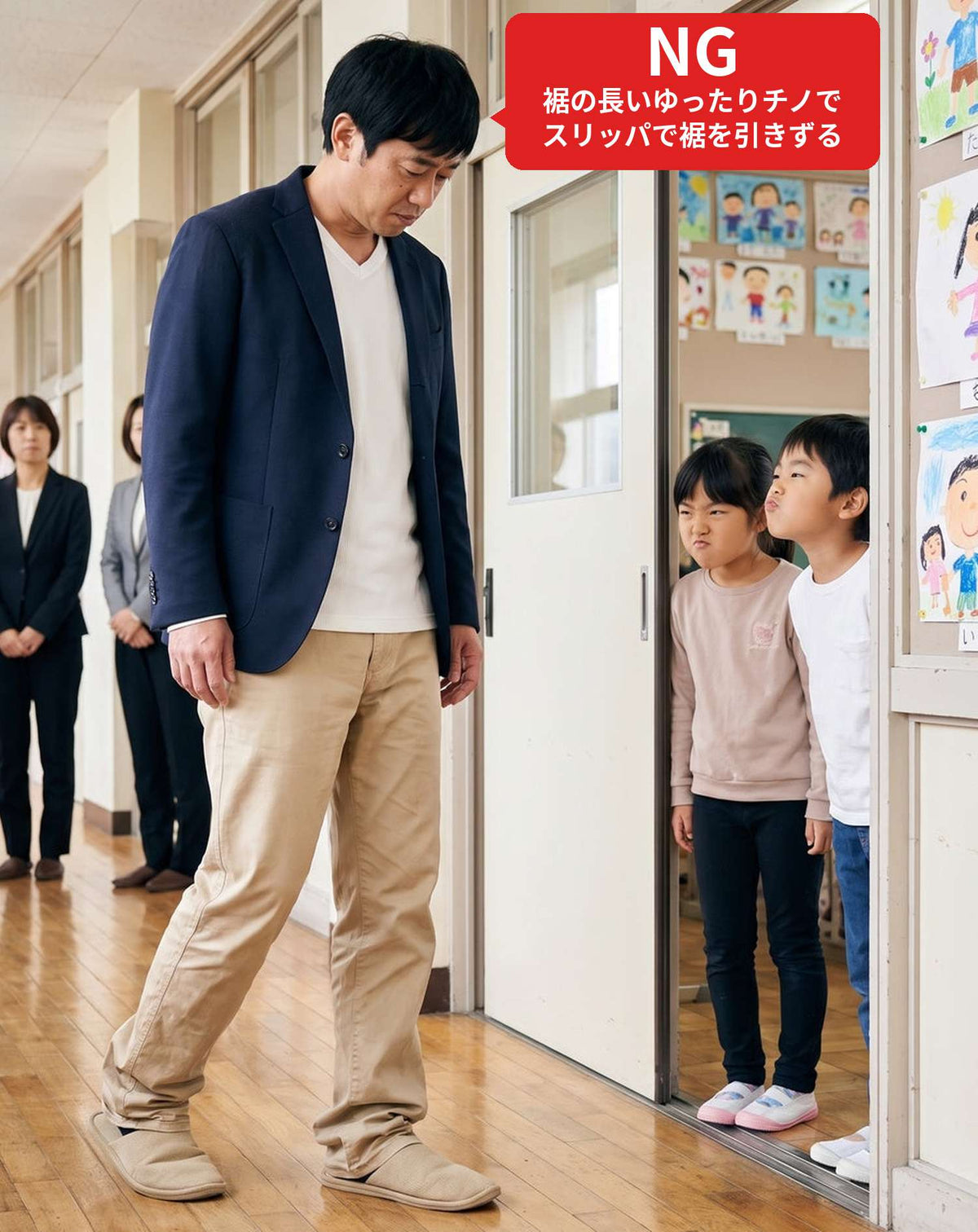 子供の授業参観・発表会の服装の服装40代50代3点メンズコーデセット  ネイビーテーラードジャケット×白VネックTシャツ×グレースキニーチノパンツ
