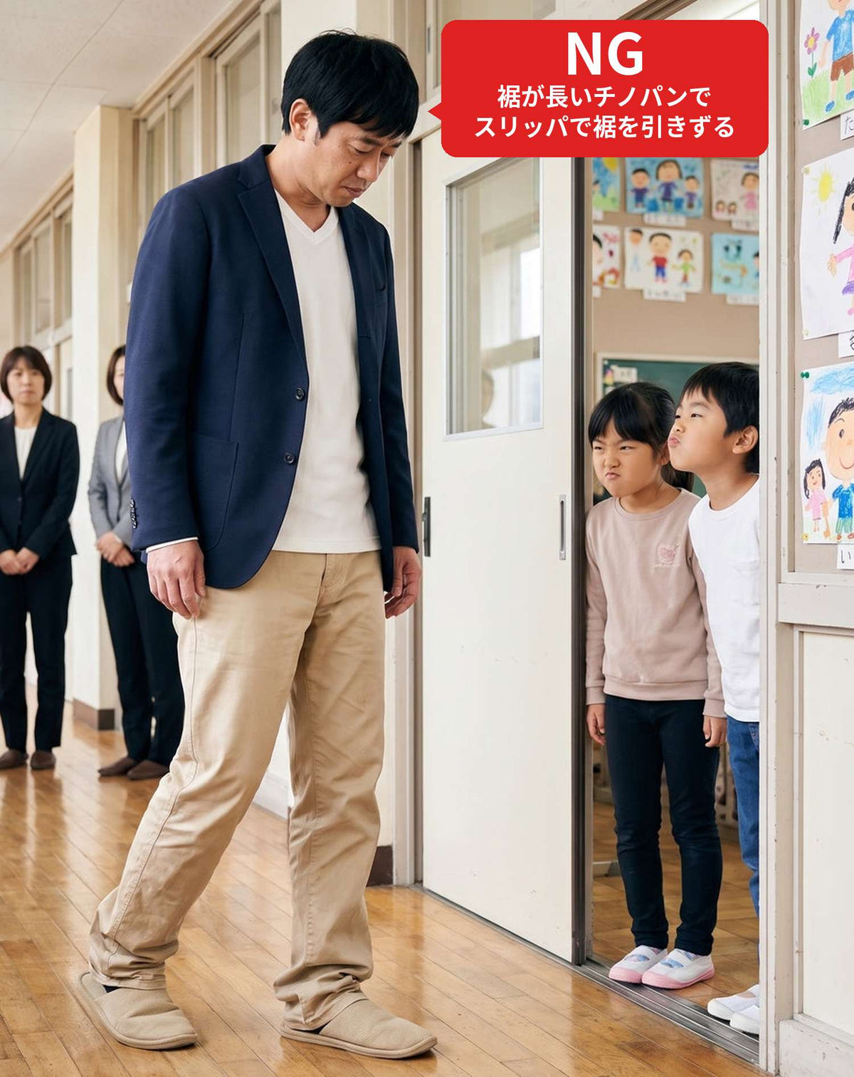 子供の授業参観・発表会の服装の服装40代50代3点メンズコーデセット  ネイビーテーラードジャケット×白Tシャツ×黒スリムパンツ