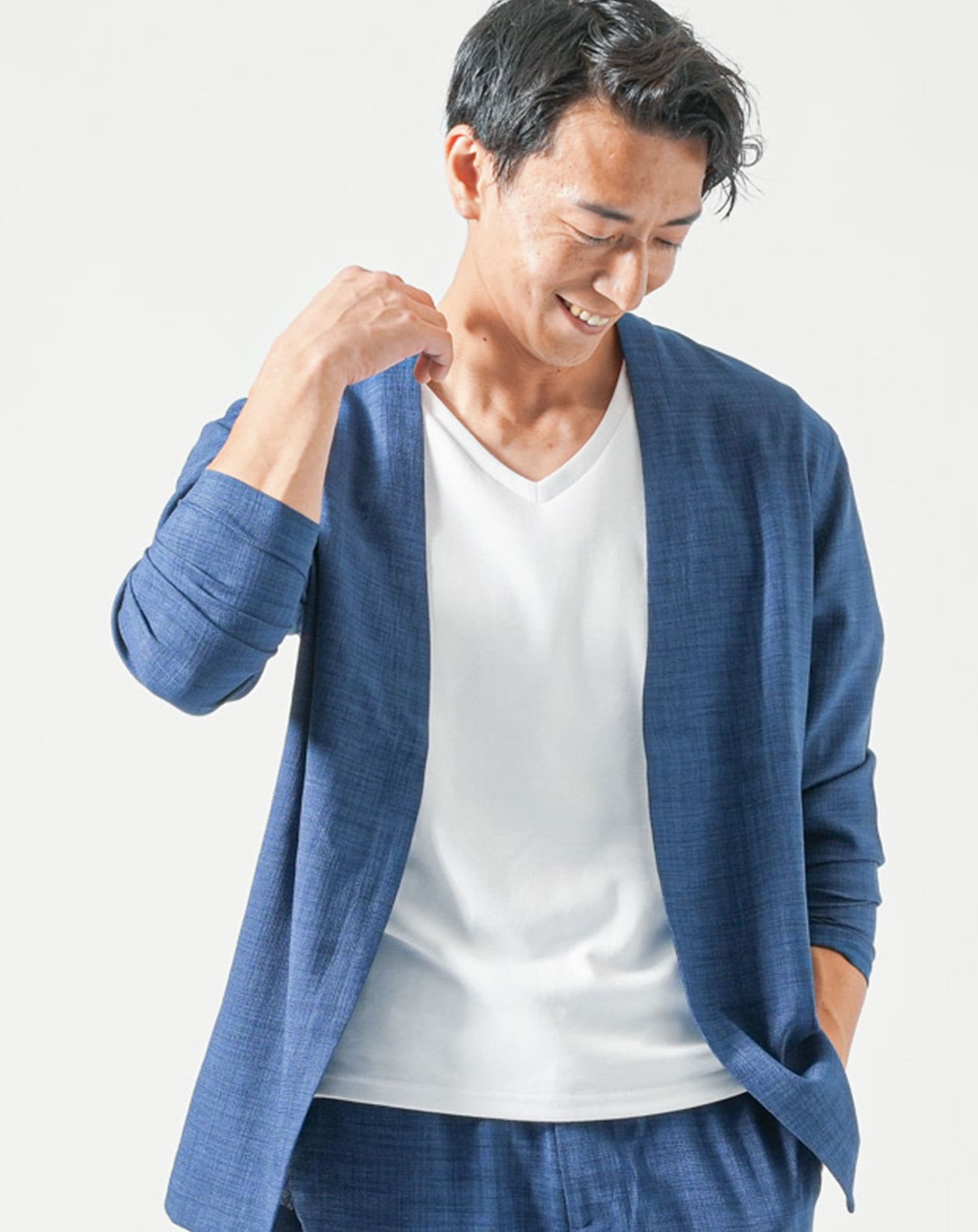 セットアップ 麻ライク長袖ノーカラージャケット×イージーパンツ 2枚