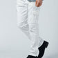 カジュアルデート服メンズ3点コーデセット イタリアンカラーデニムジャケット×グレーVネック長袖Tシャツ×白カーゴストレッチパンツ
