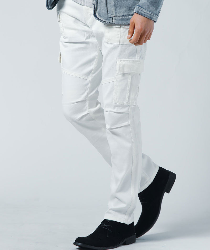 カジュアルデート服メンズ3点コーデセット イタリアンカラーデニムジャケット×グレーVネック長袖Tシャツ×白カーゴストレッチパンツ