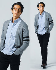 カジュアルデート服メンズ3点コーデセット グレーカーディガン×ブルーオックスフォード長袖シャツ×黒スリムストレッチパンツ