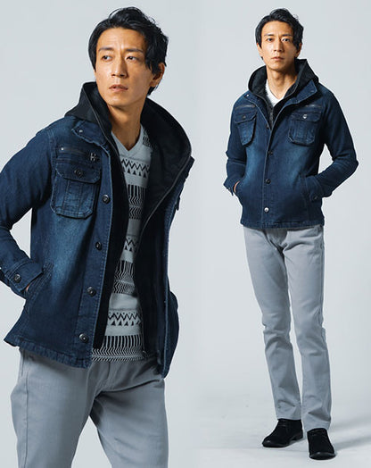カジュアルデート服メンズ3点コーデセット フード付きデニムジャケット×オルテガボーダーVネック長袖Tシャツ×グレースリムストレッチパンツ