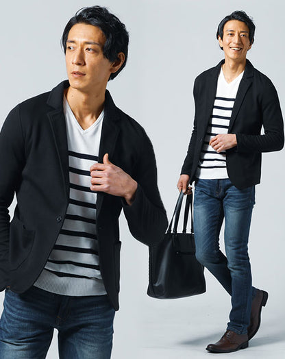カジュアルデート服メンズ3点コーデセット 黒カットストレッチジャケット×白ボーダーVネック長袖ニットソー×スリムデニムパンツ
