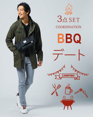 バーベキューデート服メンズ3点コーデセット カーキモッズコート×黒Vネック長袖Tシャツ×グレーストレッチテーパードチノパンツ