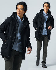 キャンプデート服メンズ3点コーデセット 黒モッズコート×ブルーオックスフォード長袖シャツ×カーキスリムカーゴパンツ
